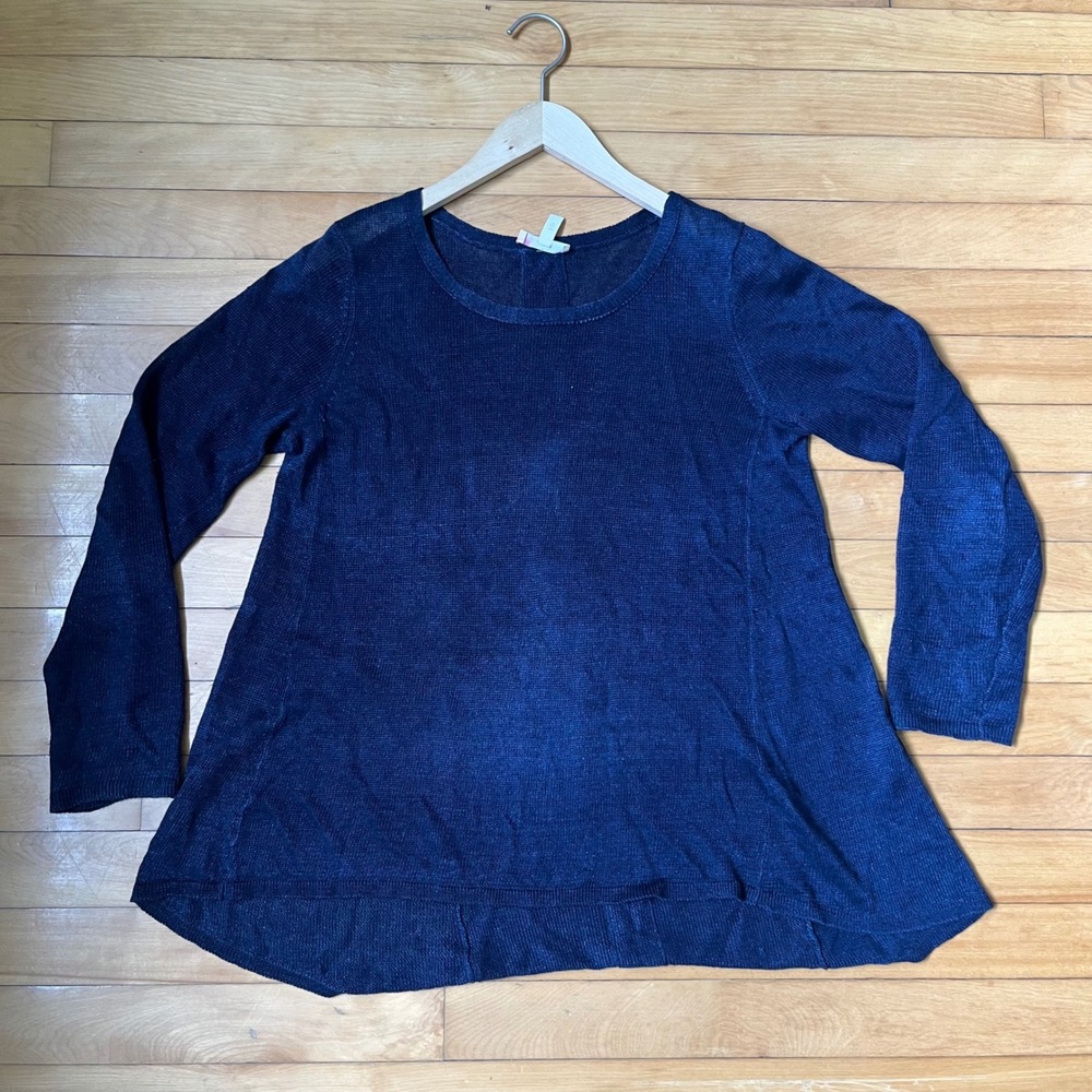 Eileen Fisher Navy Blue 100% Linen Long Sleeve Scoop Neck Tunic Sweater Small